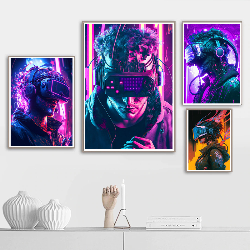 Affiche de jeu vidéo Neon Punk Vr des années 80, impression sur toile esthétique, art mural pour la maison, espace, chat, ville, samouraï, décor de chambre Kawaii Gamer n° 5