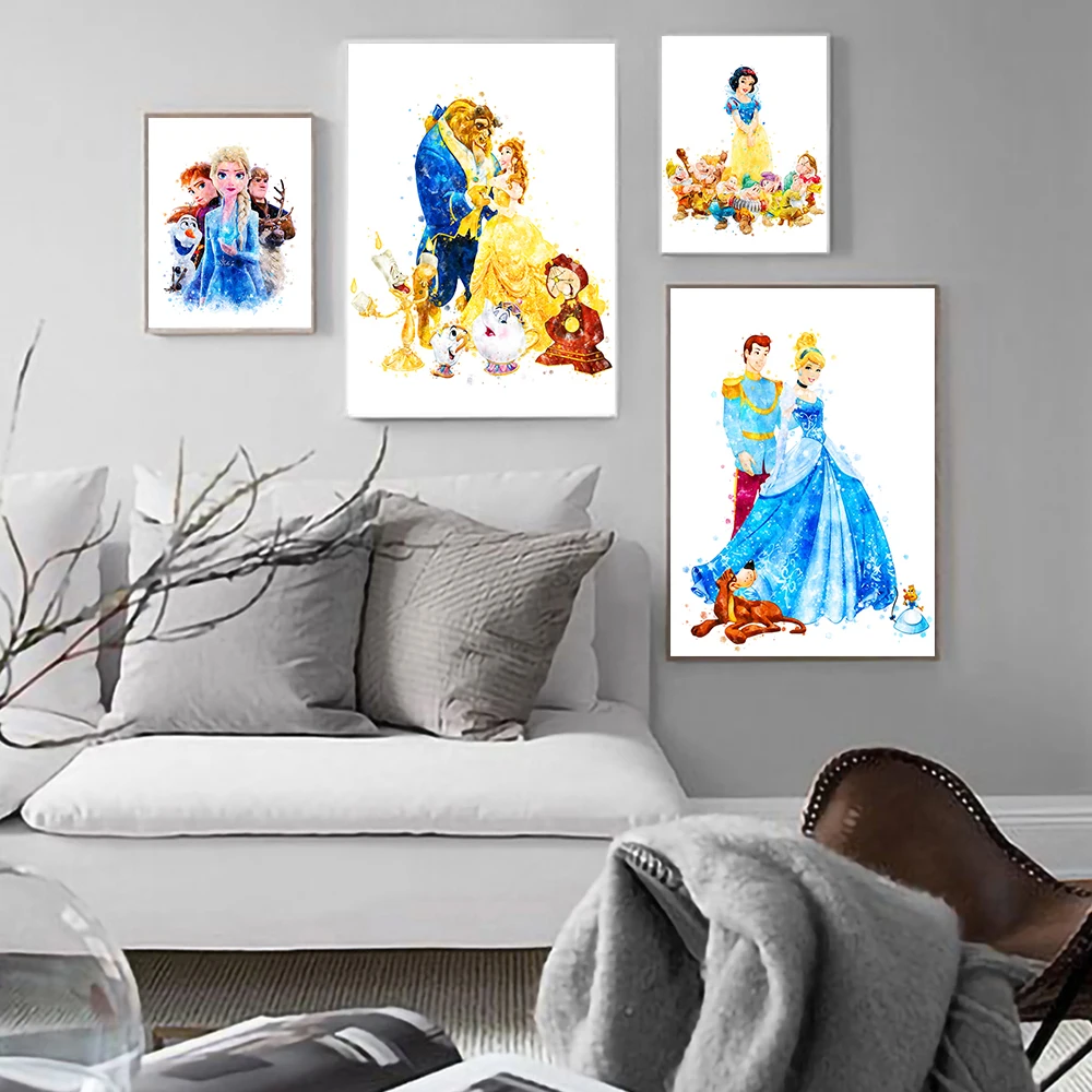 Peinture sur toile de dessin animé Disney, affiches de princesse, reine des neiges, la belle et la bête, impressions d'art mural, photo pour décor de salon n° 4