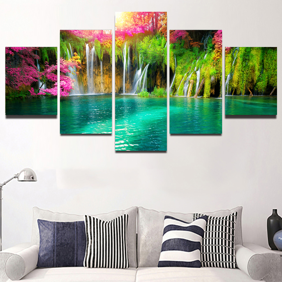 Peinture sur toile de paysage naturel, cascade, arbre vert, lac, cuir chevelu, affiches et impressions, art mural, décoration d'intérieur, sans cadre, 5 pièces n° 3