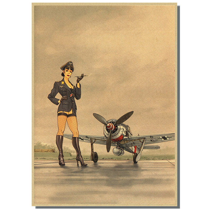 Affiche murale vintage Pin Up de la seconde guerre mondiale, fille de l'armée assise sur un avion, peinture en papier, pour salon et maison n° 3