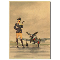 Affiche murale vintage Pin Up de la seconde guerre mondiale, fille de l'armée assise sur un avion, peinture en papier, pour salon et maison small picture n° 3