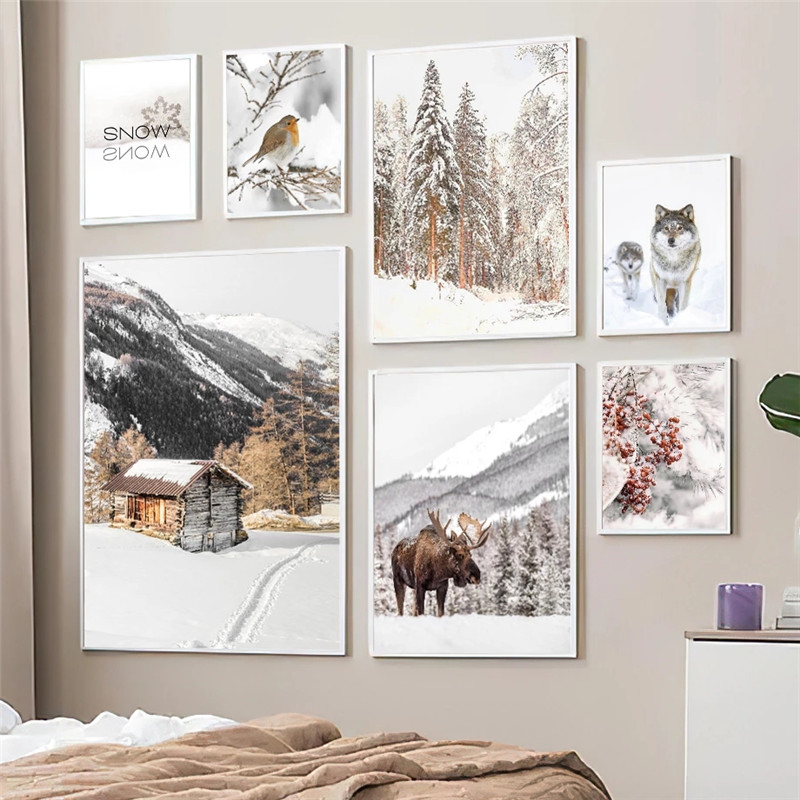 Peinture sur toile de paysage de neige de nature d'hiver, affiche et impressions d'animaux d'oiseau et de loup, art de mur, décoration de Noël, décor à la maison de vacances n° 3