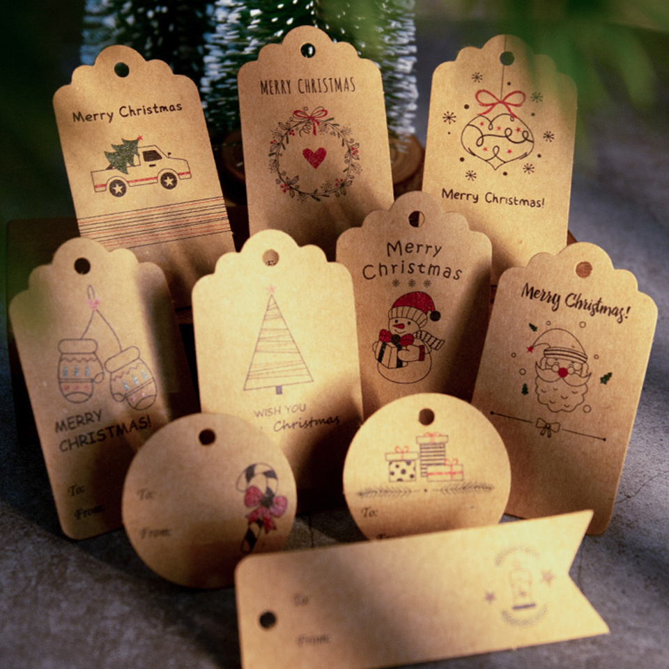 Étiquettes en papier kraft de dessin animé de Noël avec UL, artisanat imprimé d'arbre de Noël et de père Noël, conflicattro pour emballage de cadeaux Noel, 50 pièces n° 4