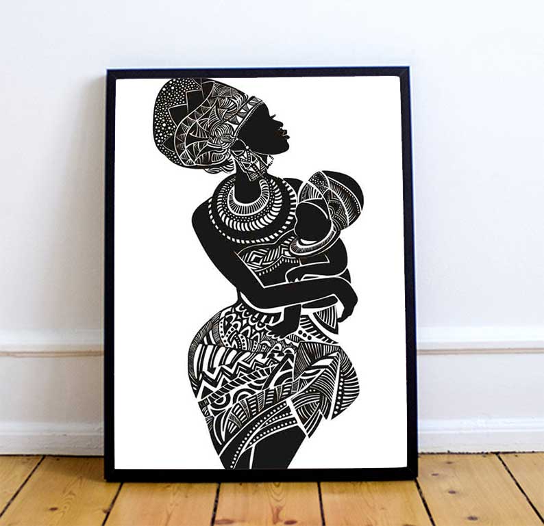 Belle femme africaine avec bébé pour chambre à coucher, art mural, peinture sur toile, image murale en noir et blanc, affiche imprimée, décoration d'intérieur n° 3