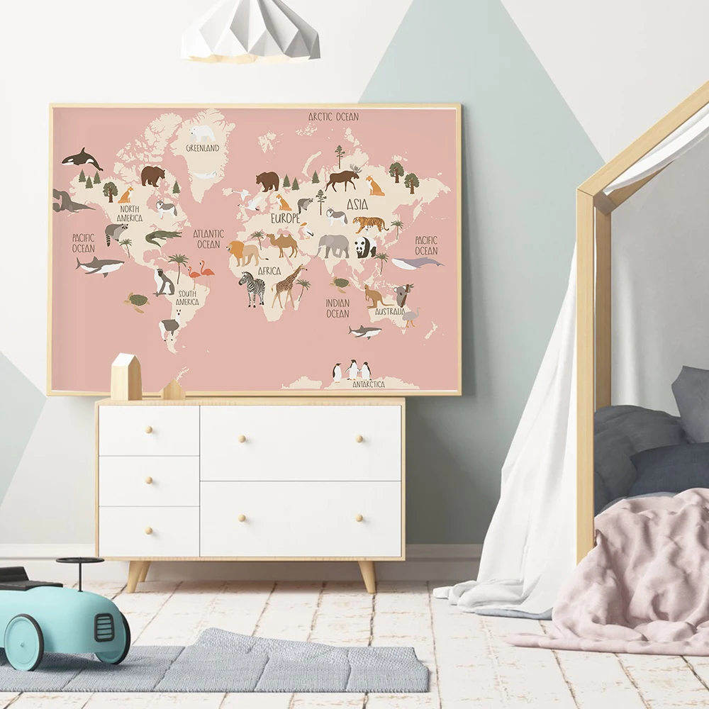 Toile d'Art Mural avec Carte du Monde des Animaux, Tableau de Peinture, Décor de Chambre d'Enfant, Affiches et Imprimés Scandinaves, Dessin Animé Mignon n° 3