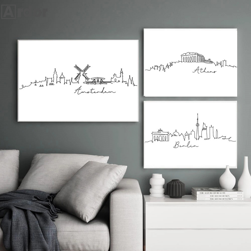 World City London New York Paris Line Drawing Poster, Nordic Art Print, Black White Painting Canvas, Minimalist Picture, Home Decor n° 4