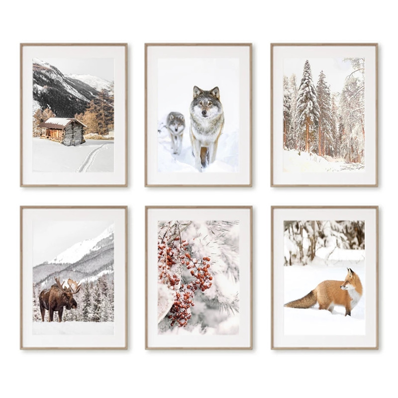 Peinture sur toile de paysage de neige de nature d'hiver, affiche et impressions d'animaux d'oiseau et de loup, art de mur, décoration de Noël, décor à la maison de vacances n° 4