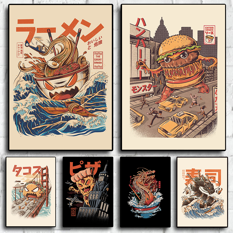 Affiches de peinture sur toile d'anime rétro japonais, sushi, hamburger, nouilles, art mural de qualité, chambre, cuisine, restaurant, décoration d'intérieur, photo n° 1