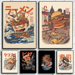 Affiches de peinture sur toile d'anime rétro japonais, sushi, hamburger, nouilles, art mural de qualité, chambre, cuisine, restaurant, décoration d'intérieur, photo small picture n° 1