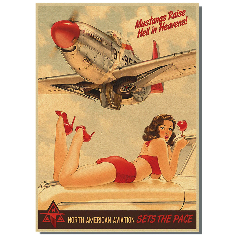 Affiche murale vintage Pin Up de la seconde guerre mondiale, fille de l'armée assise sur un avion, peinture en papier, pour salon et maison n° 4