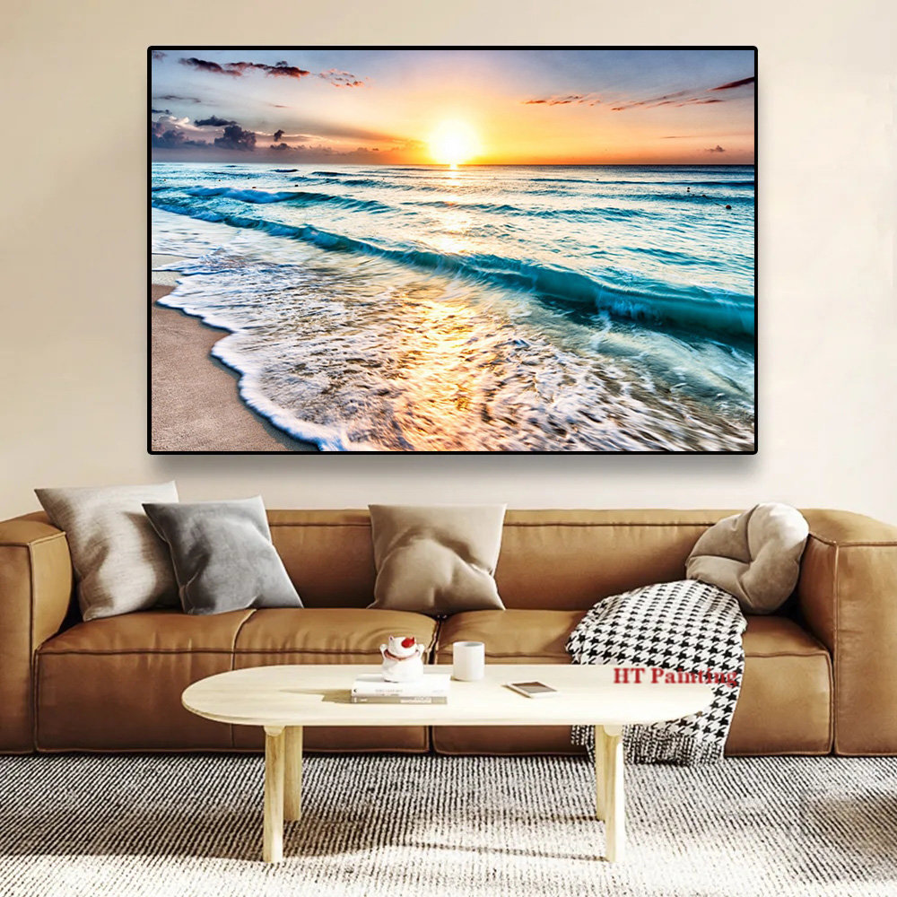 Sunst Beach Landscape Gold Sea Palmier Tropical Poster, Peinture sur toile, Art mural, Gérer la nature, Paysage, Décor de chambre à la maison n° 3