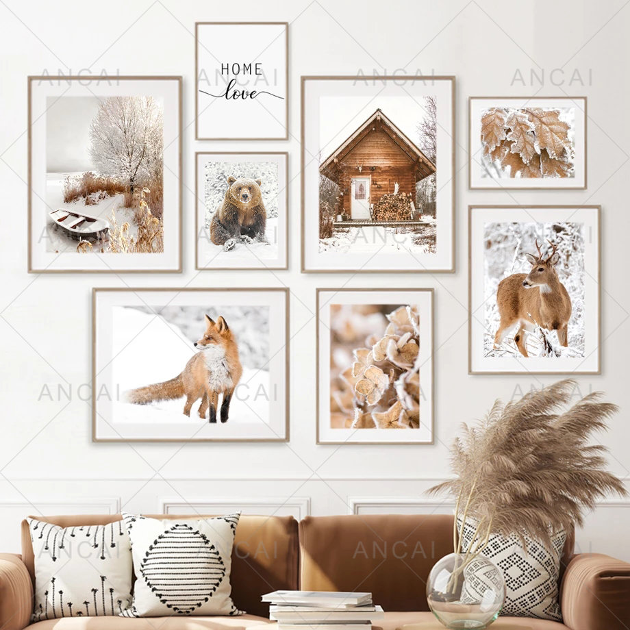 Peinture sur toile de paysage d'hiver de forêt pour la décoration de salon, affiche imprimée, art mural moderne, feuilles d'animaux de neige blanche n° 2