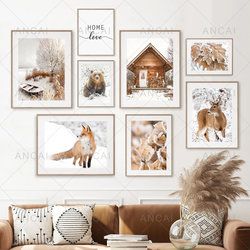 Peinture sur toile de paysage d'hiver de forêt pour la décoration de salon, affiche imprimée, art mural moderne, feuilles d'animaux de neige blanche small picture n° 2