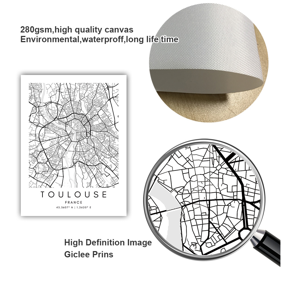 Affiches et impressions nordiques personnalisées, carte de la ville de France, peinture sur toile d'art mural, décor de salon, Toulouse, Nantes, Marseille n° 6