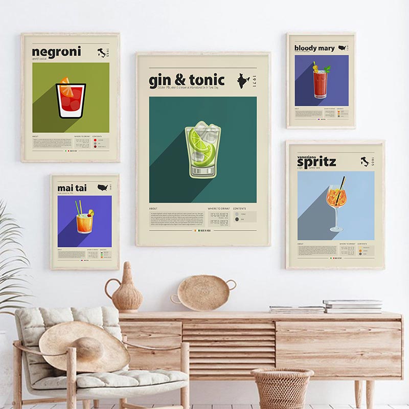 Peinture sur toile avec imprimés de Mojito pour Cocktail, affiche de mariage, marie, mosquée, Gin, Negroni, Mai Tai, murale, rétro, décoration de cuisine, cadeau n° 2