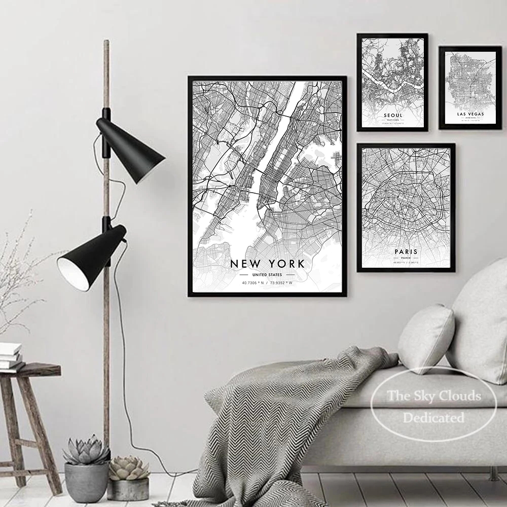 Affiche de peinture sur toile imprimée en noir et blanc, carte de la ville, Paris, New York, HD, photo d'art mural, salon, chambre à coucher, décoration d'intérieur n° 2