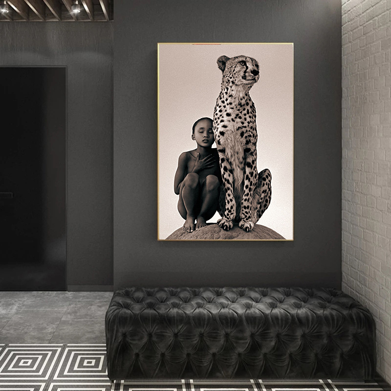 Peinture sur toile avec animaux sauvages africains, garçon et guépard, affiches et impressions modernes, art mural, image pour salon, décoration d'intérieur n° 5