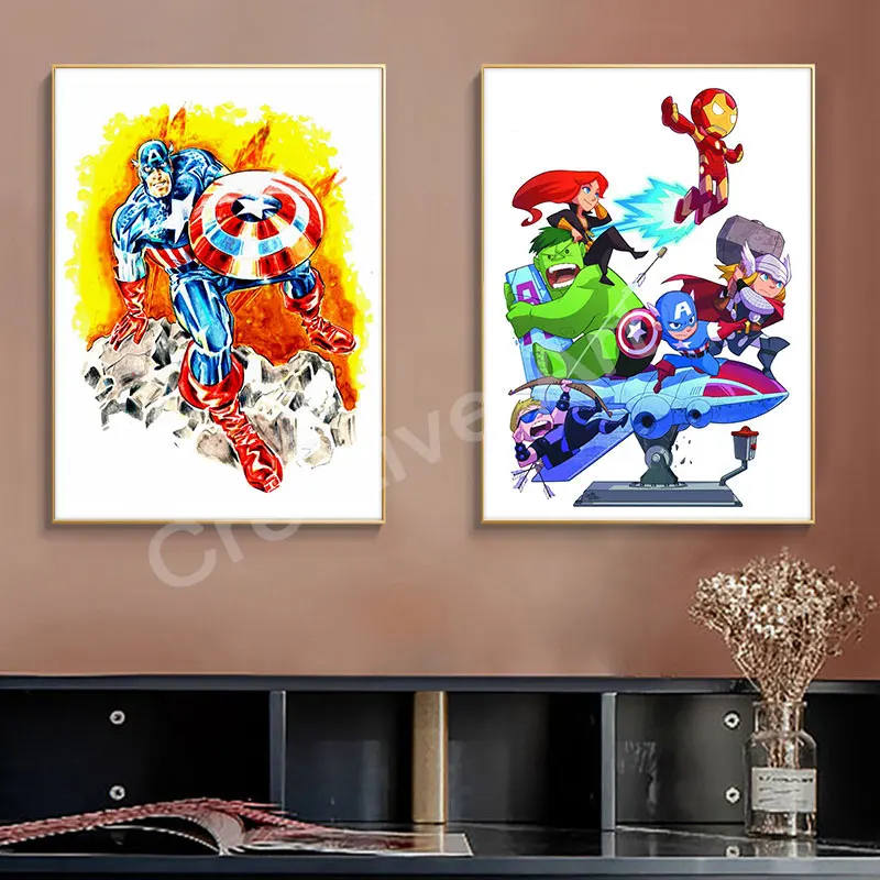 Affiche d'art Marvel Avengers, peinture sur toile aquarelle de dessin animé, Thor, Iron Man, image MEDK, peinture murale mignonne pour la décoration de la chambre de bébé n° 2