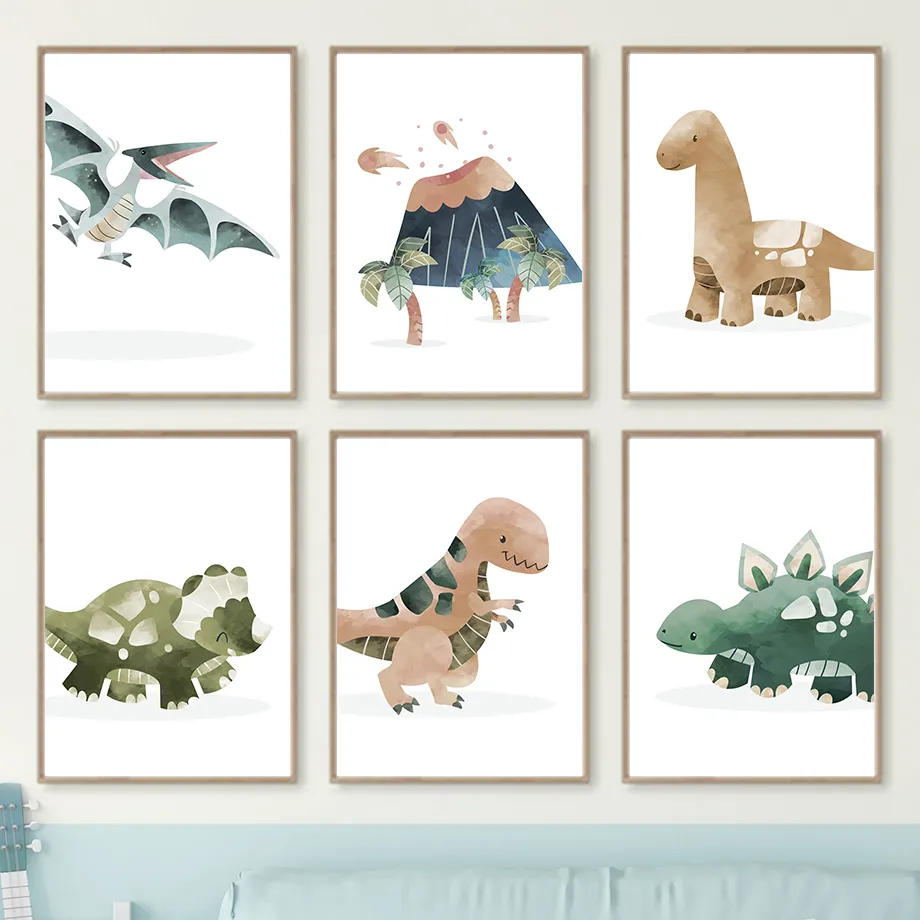 Affiches d'art mural Kawaii Volcano AMP, peinture sur toile nordique, impressions d'arbre de dinosaure, dessin animé, gérer pour bébé, décor de chambre d'enfant n° 1