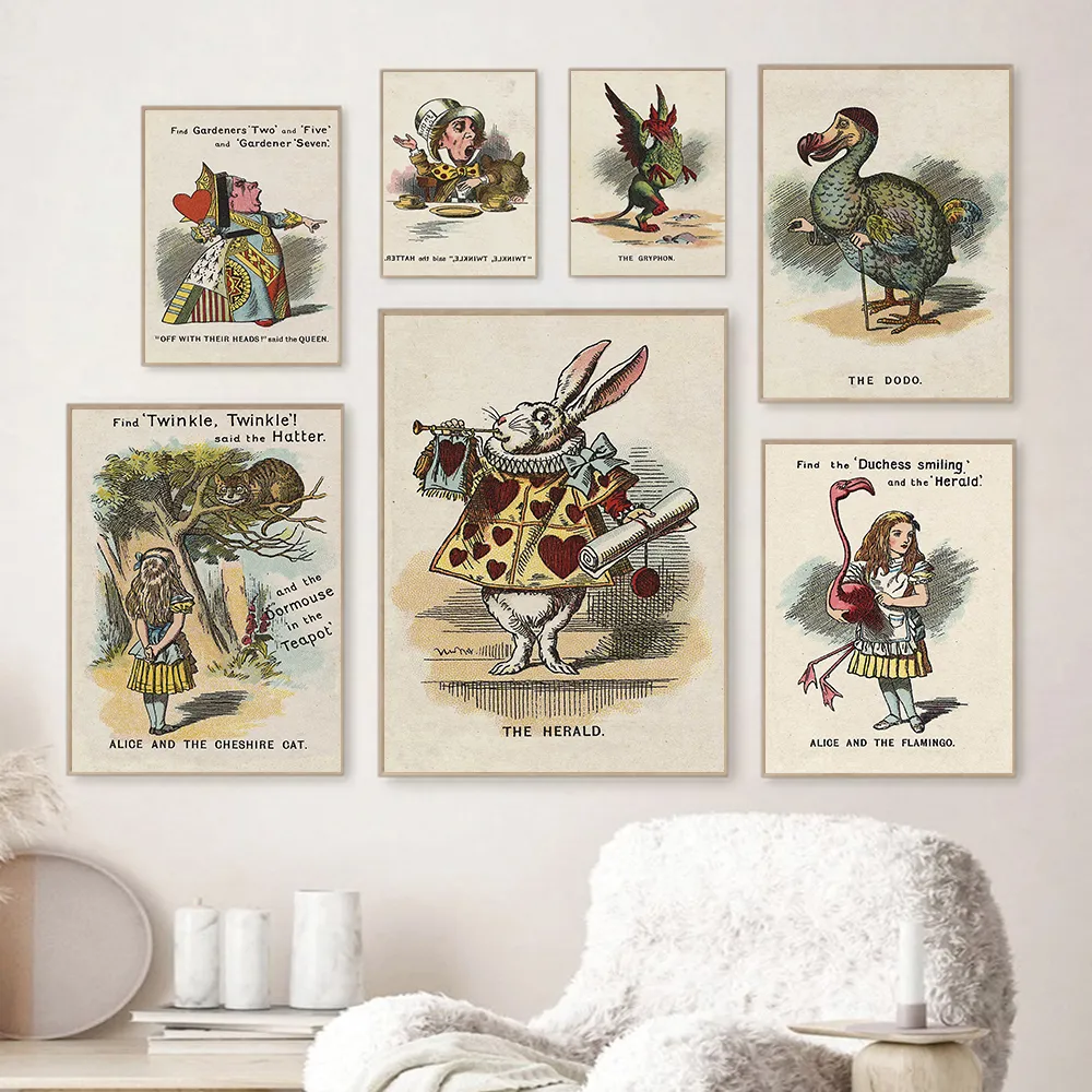 Peinture sur toile rétro pour décor de chambre, art mural, affiche vintage Alice au pays des merveilles, affiches et impressions, fille, le gryphon, lapin, reine n° 1