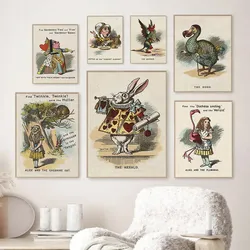 Peinture sur toile rétro pour décor de chambre, art mural, affiche vintage Alice au pays des merveilles, affiches et impressions, fille, le gryphon, lapin, reine