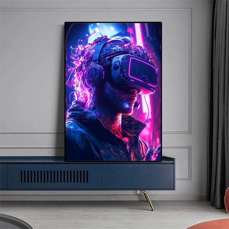 Affiche de jeu vidéo Neon Punk Vr des années 80, impression sur toile esthétique, art mural pour la maison, espace, chat, ville, samouraï, décor de chambre Kawaii Gamer n° 2