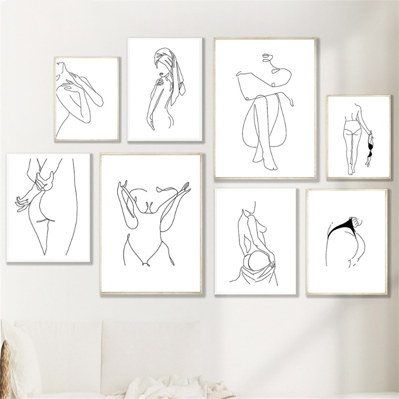 Peinture sur toile abstraite de femmes sexy, art au trait minimaliste, corps nu féminin, affiches nordiques, impressions, photo murale pour chambre, décoration d'intérieur n° 2