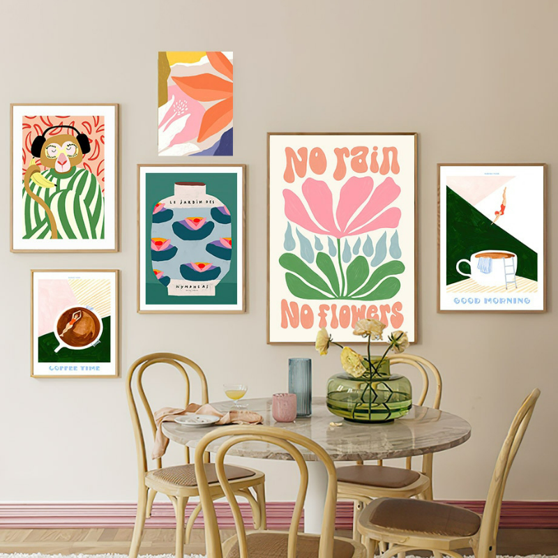 Affiches abstraites colorées pour la décoration intérieure, peinture sur toile d'art mural, impressions nordiques modernes, vase à fleurs de singe, fille de café n° 4