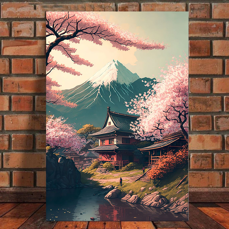 Affiches de paysage vintage du village japonais, montagne Fuji, aucune fleur, peinture sur toile, art mural esthétique pour chambre, décoration d'intérieur n° 1