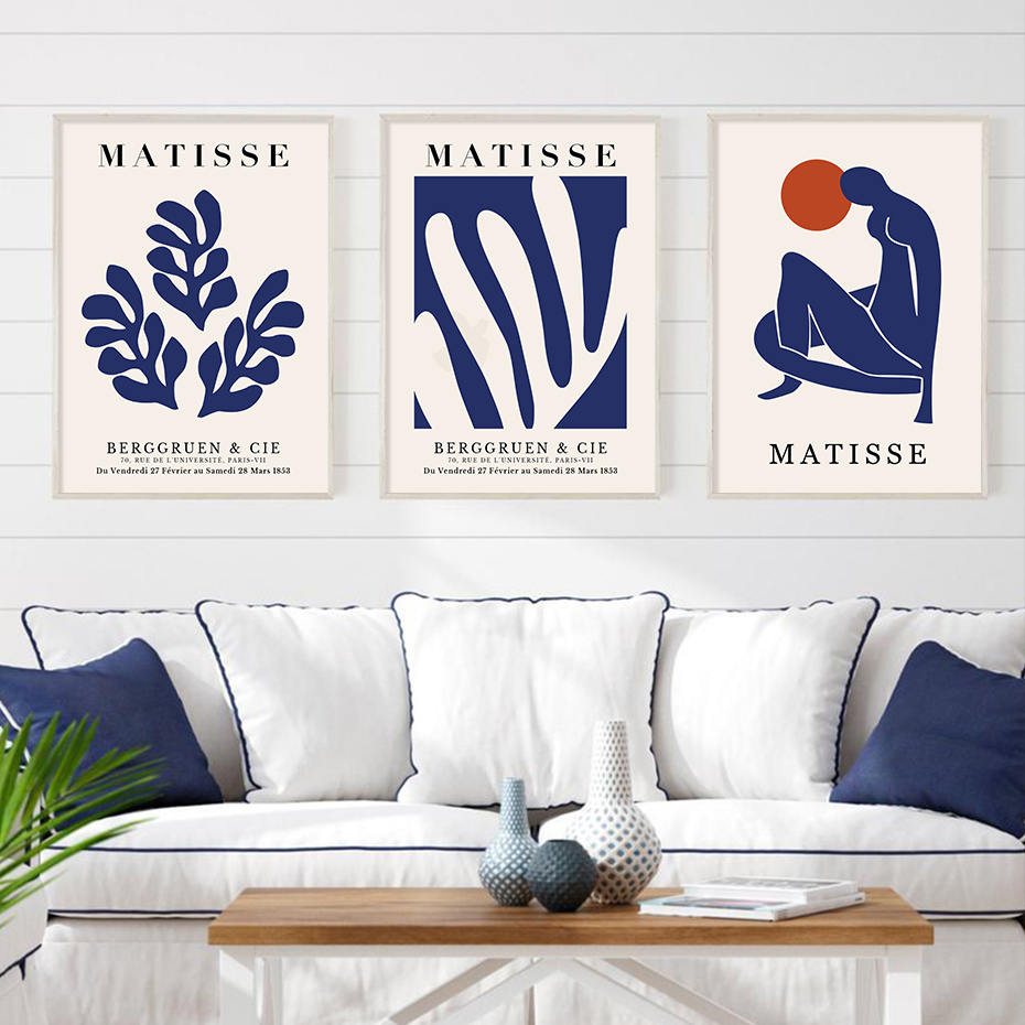 Affiches de peinture sur toile de Matisse, ligne florale abstraite bleue, image imprimée d'art mural, photo pour chambre à coucher, décoration intérieure de la maison, exposition n° 3