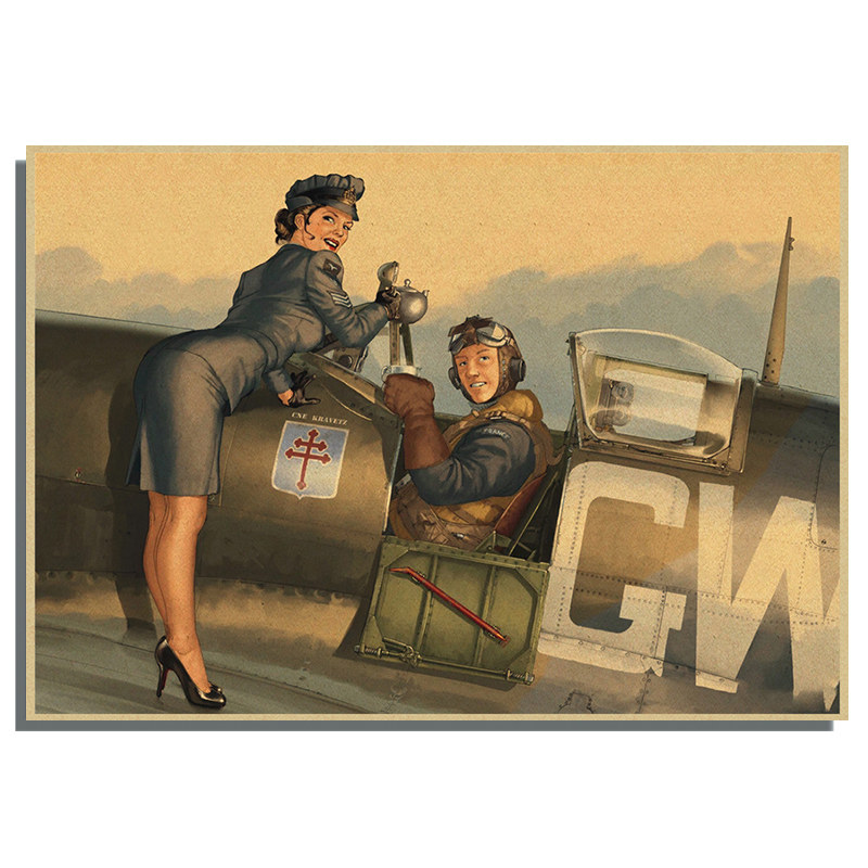 Affiche murale vintage Pin Up de la seconde guerre mondiale, fille de l'armée assise sur un avion, peinture en papier, pour salon et maison n° 6