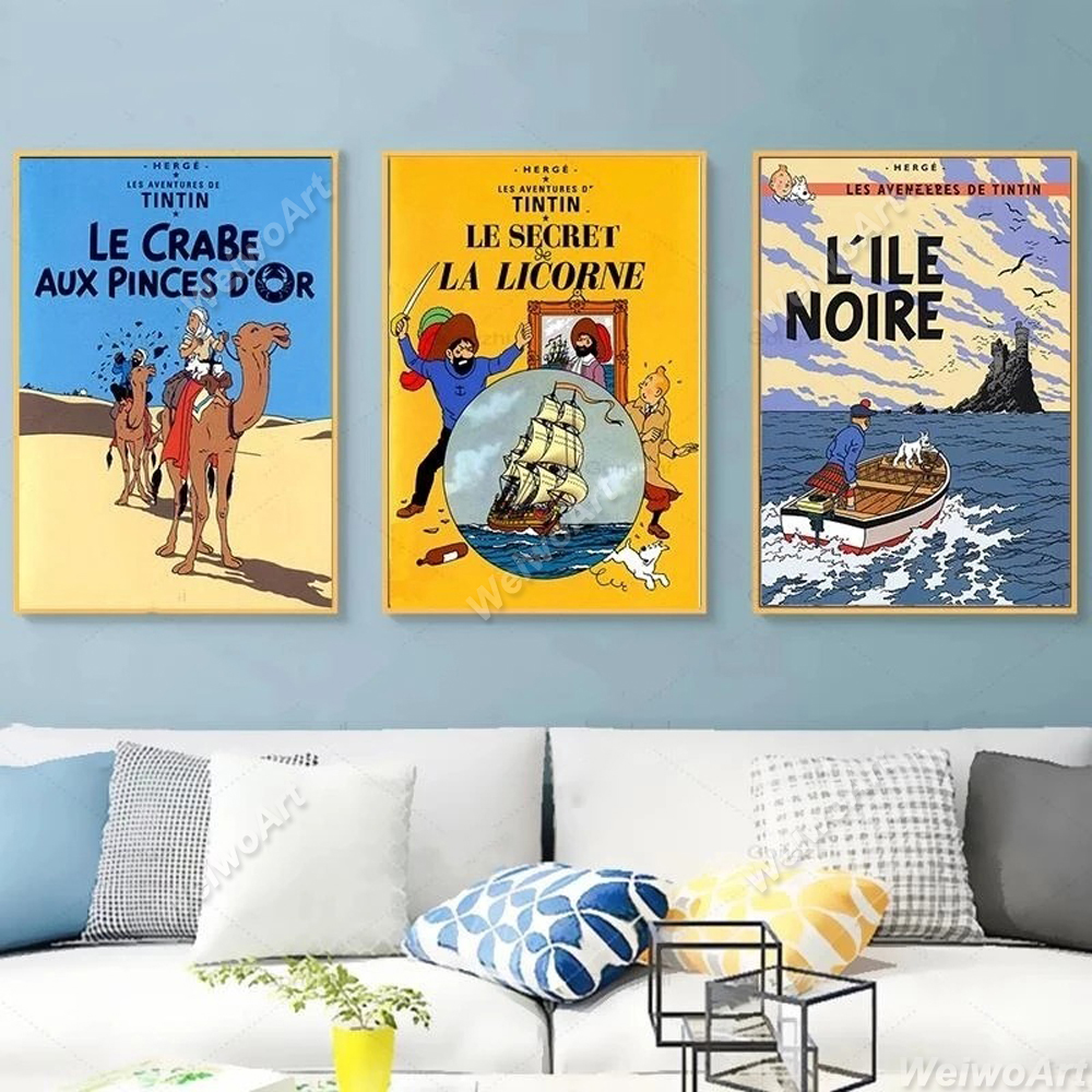 Affiche d'aventure de Tintins, désert de chameau, impressions d'art de bande dessinée de toile, image d'anime, chambre d'enfant, décor à la maison, peinture murale de bande dessinée classique n° 3