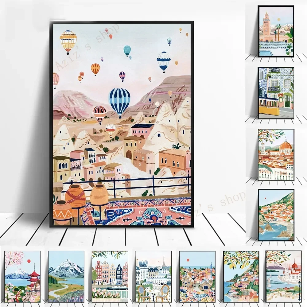 Affiche de voyage de ville de Florence, santorin, suisse, séville, art mural nordique, peinture sur toile, photo murale, salon, décoration d'intérieur n° 2