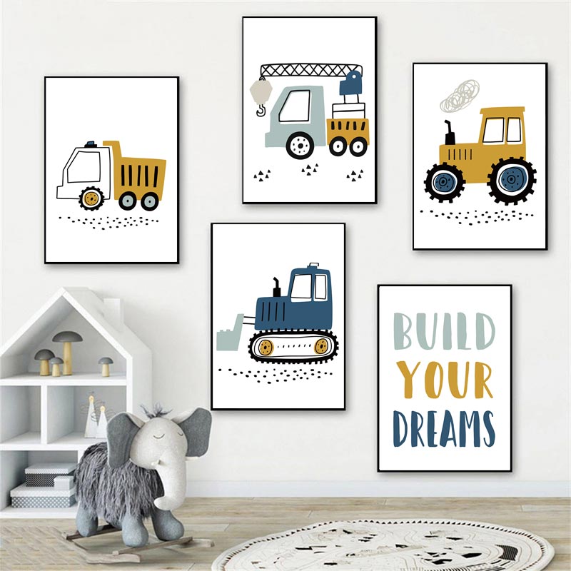 Affiche Murale de Dessin Animé Grue Ebtractor Camion, Peinture sur Toile, Impression Murale Nordique, Décor de Chambre d'Enfant, Garçons n° 2