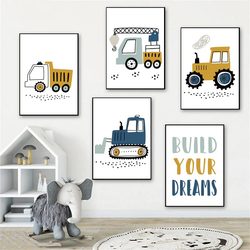 Affiche Murale de Dessin Animé Grue Ebtractor Camion, Peinture sur Toile, Impression Murale Nordique, Décor de Chambre d'Enfant, Garçons small picture n° 2