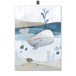 Peinture d'art mural de baleine de mer bleue, tortue, poulpe, affiches et impressions nordiques de dessin animé, photo murale, chambre d'enfant, personnalisé, brodé small picture n° 5