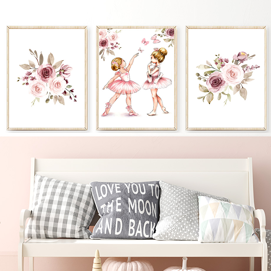 Toile d'art mural de Ballet pour fille, chaussures de danseuse de sœur, peinture de fleurs, affiches et imprimés nordiques, photos murales, décor de chambre de fille n° 3