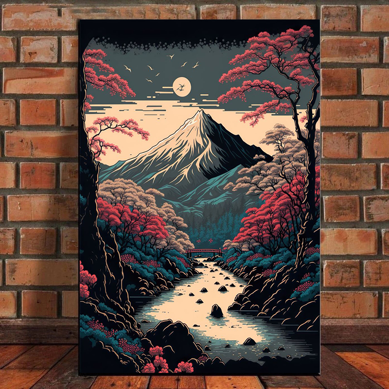 Affiches de paysage vintage du village japonais, montagne Fuji, aucune fleur, peinture sur toile, art mural esthétique pour chambre, décoration d'intérieur n° 2