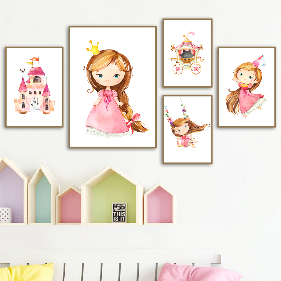 Affiches et Imprimés Nordiques de Dessin Animé, Bébé Fille, Princesse, Couronne, Château, Wing, Art Mural, Peinture sur Toile, Décor de Chambre d'Enfant n° 3