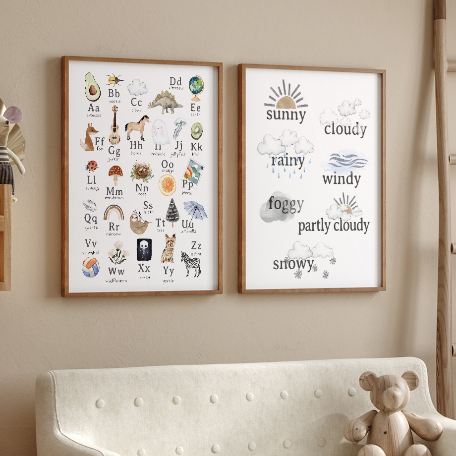 Carte du Monde avec Alphabet pour Décoration de Chambre d'Enfant et Bébé, Affiche avec Système Solaire, Météo, Éducation, Imprimés d'Art Mural n° 3