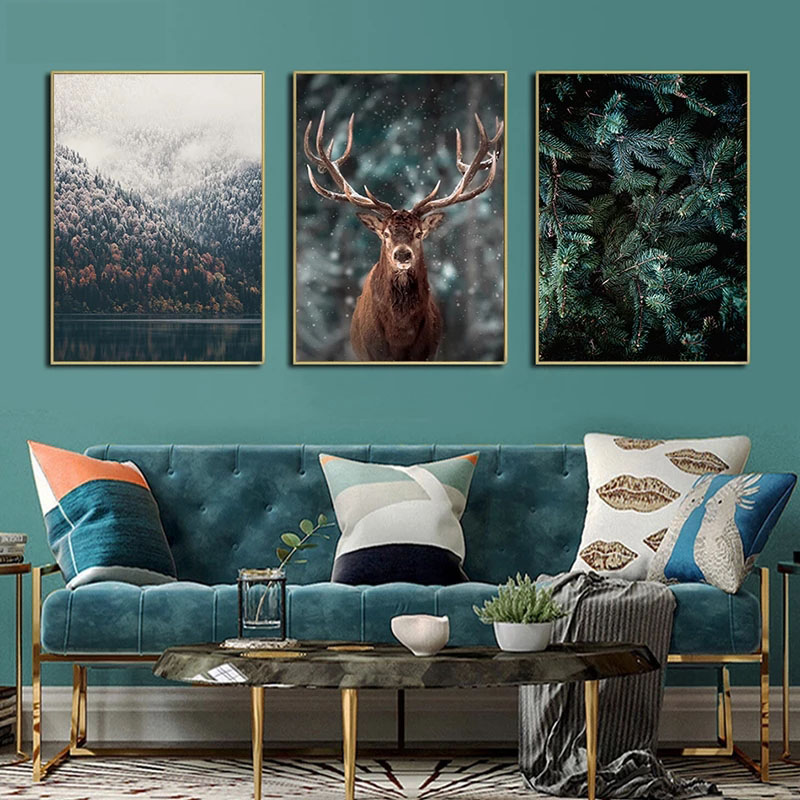 Affiches d'impression de toile de paysage naturel nordique, vache animale, cerf, lac, neige, montagne, forêt, chemin de fer, art mural, peinture, décor n° 2