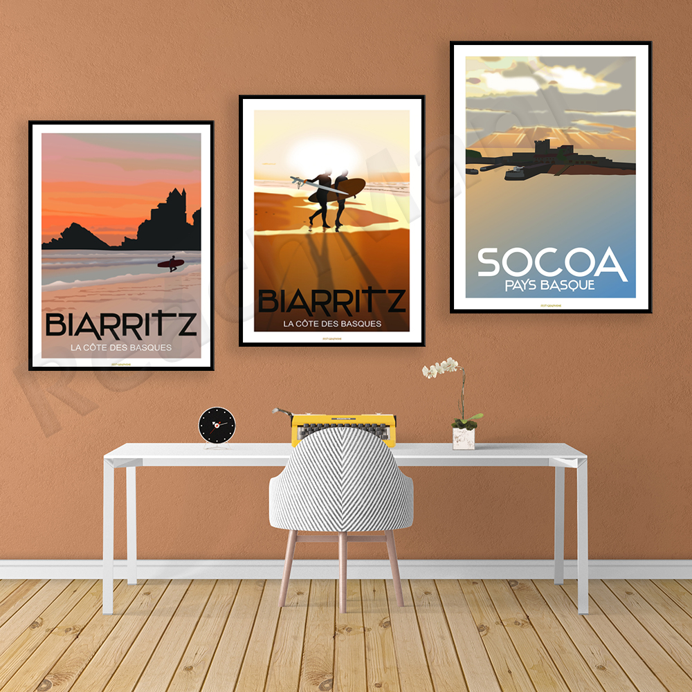 Affiche de surf pour les surfeurs, Fort Sokoya, Pays Basque, BIARRITZ Surfing - Côte des Basques, Affiche cadeau n° 1