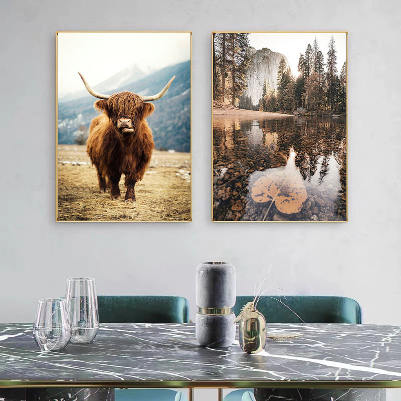 Affiches d'impression de toile de paysage naturel nordique, vache animale, cerf, lac, neige, montagne, forêt, chemin de fer, art mural, peinture, décor n° 3