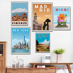 Affiches sur toile de New York, Rome, Miami, Madrid, ville, voyage, art mural, photo, moderne, paysage, impression, peinture, nordique, famille, décor à la maison